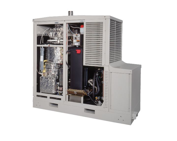 A gray container the size of two large refrigerators contains foil-wrapped components and other fuel cell systems.