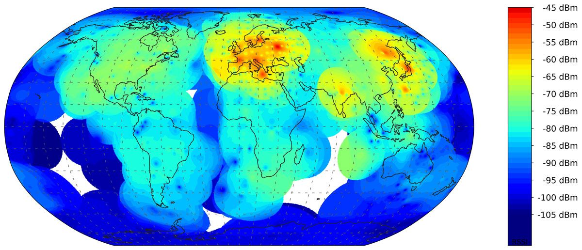 Color-code map of Earth showing greatest concentration of radio pollution over Europe, East Asia, and North America.