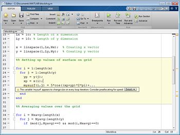 Figure 1. MATLAB Code Analyzer showing recommended code changes to improve performance.