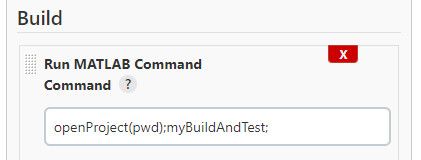 Figure 4. An illustration of a Jenkins Build command, which opens the Simulink project and executes the myBuildAndTest script.