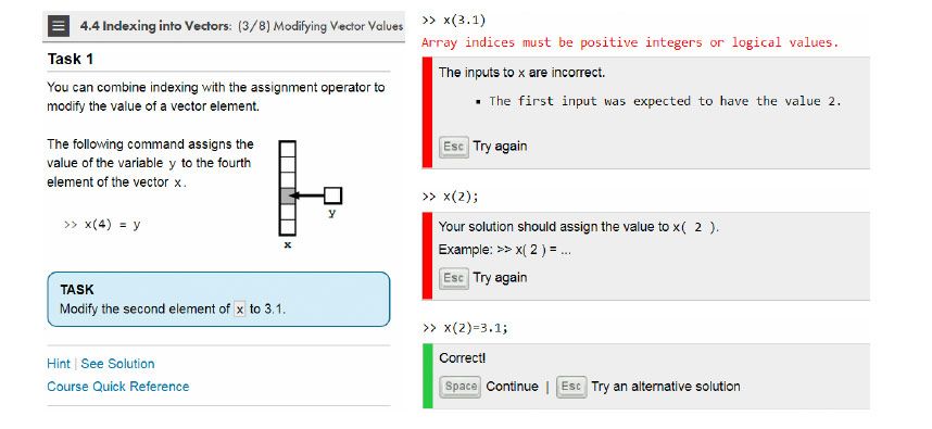 Figure 1. A guided example in MATLAB on indexing into vectors, with immediate feedback provided on the student’s answers.