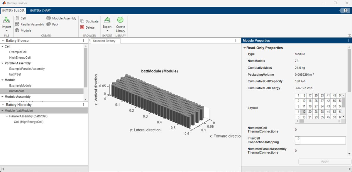 A screenshot of the Battery Builder app showing how various module properties are chosen to model and design a battery pack.