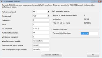 Figure 1. Waveform generation using lteRMCULTool app.