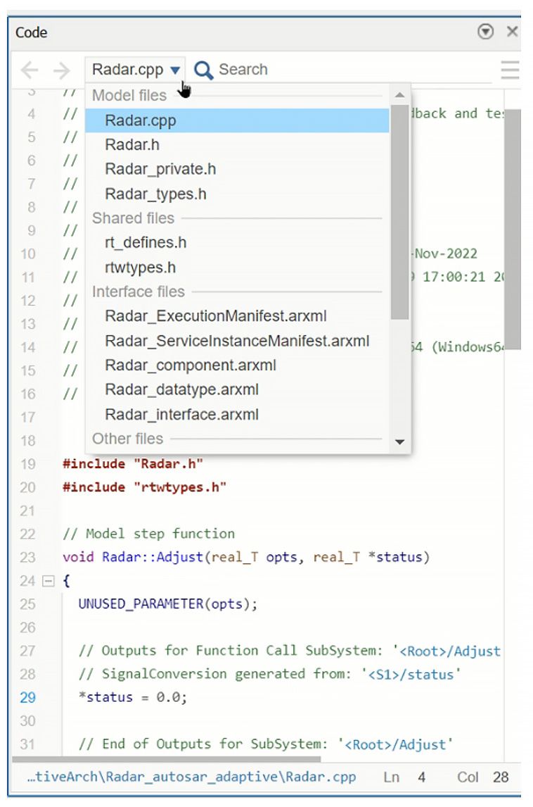 Screenshot of the C++ code interface file generation for an AUTOSAR Adaptive application.