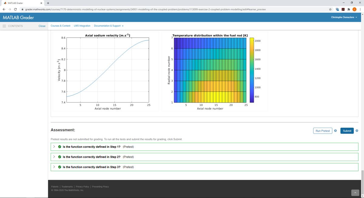 Figure 2. Plots of axial sodium velocity (left) and temperature distribution within a fuel rod (right) created for an assessment test in MATLAB Grader.