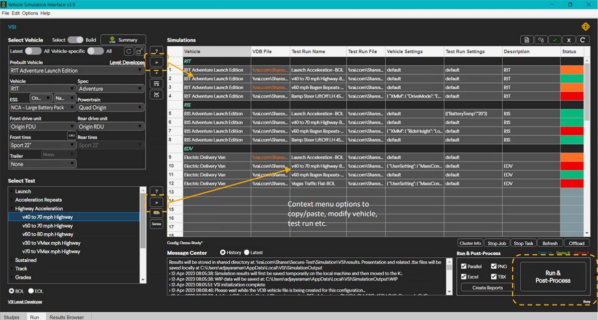 A screenshot of the VSI interface with options to run several tests.