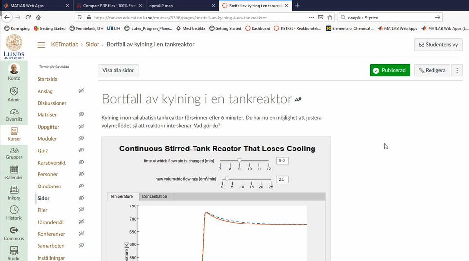 Figure 3. The CSTR cooling app running as a web app in Canvas.