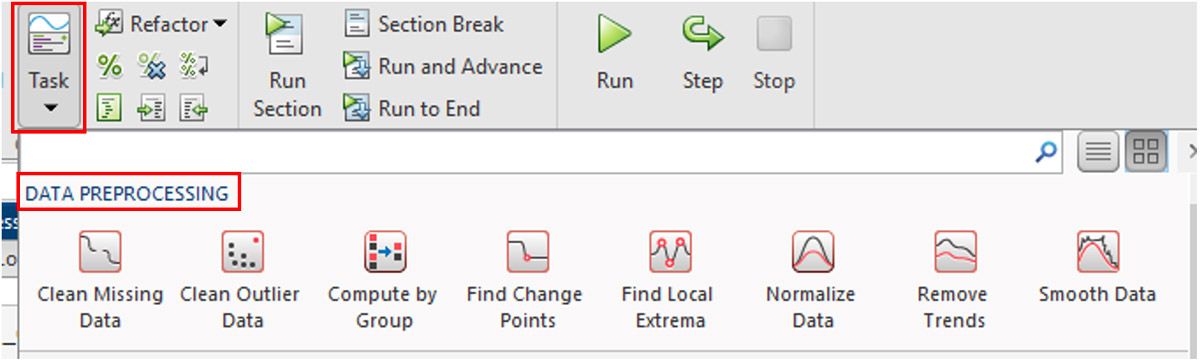 The Data Preprocessing toolbar includes live tasks for cleaning data, finding change points and extrema, removing trends, and normalizing and smoothing data.