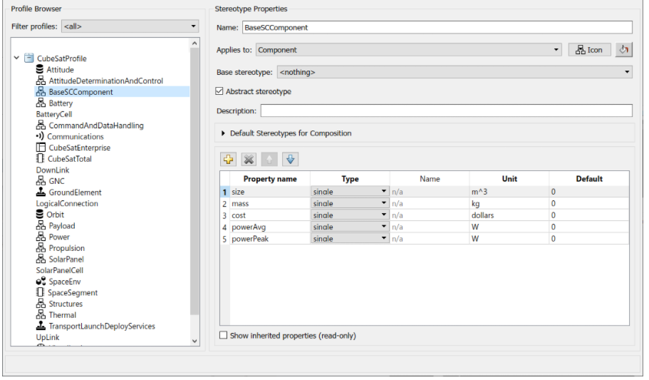 System Composer Profile Editor with BaseSComponent profile selected.