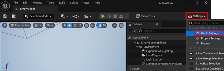 Unreal Editor World Settings tab