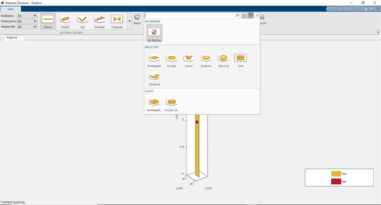 Antenna designer app canvas showing the different types of antenna in a drop down list. This canvas also shows the dipole as the default antenna.