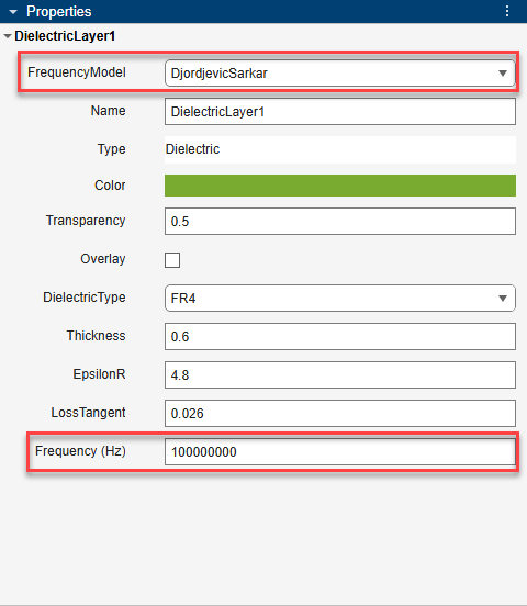 Properties panel for dielectric layer section with FrequencyModel set to DjordjevicSarkar. Additional fields are visible, including substrate catalog set to FR4, thickness value, and an enabled Frequency (Hz) input field.