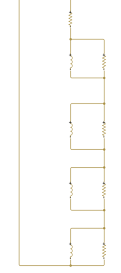 Equivalent circuit to the series impedance subnetwork of the Cylindrical Tube With Thermoviscous Losses Using Foster Network block as a Simscape model. This subnetwork has an order of 4.