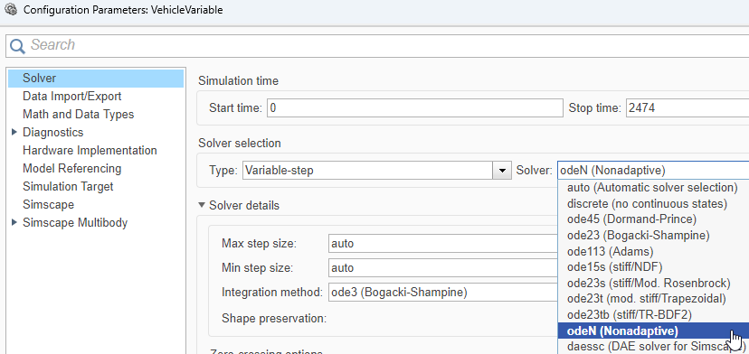 Configuration parameters for solver setting options for VirtualVehicle data object.