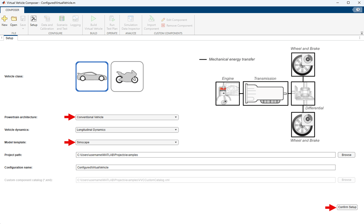 Virtual Vehicle Composer Setup page
