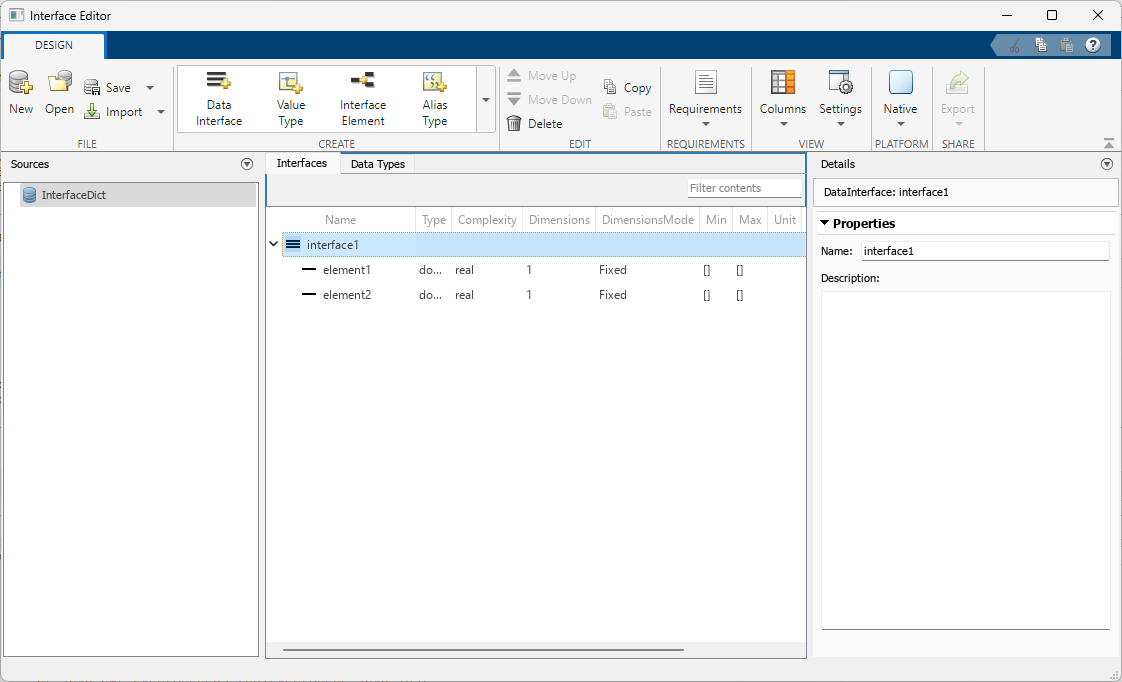 Interface Editor window displaying data interface object interfaceObj