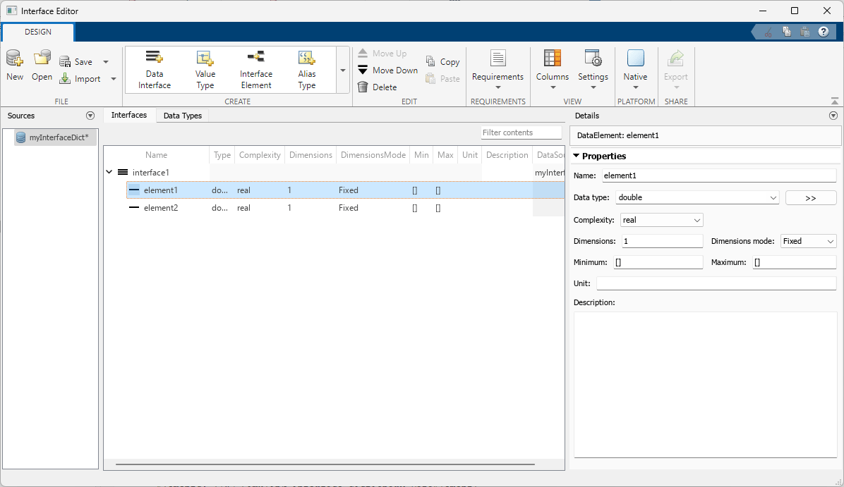 Interface Editor window displaying data element object elementObj