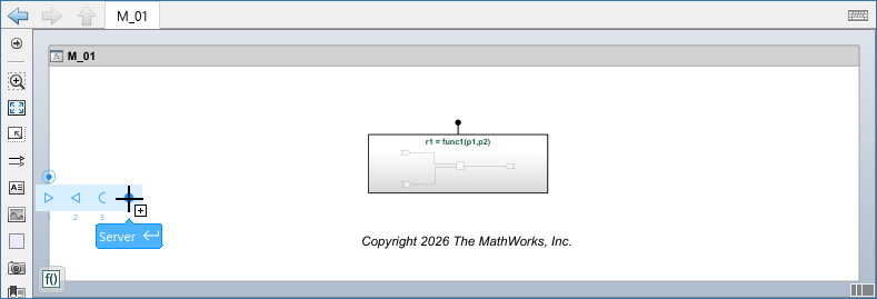 In the model M_01, on the left border of the canvas, there is an open menu with four elements. The mouse cursor points to the rightmost option, which is Server.