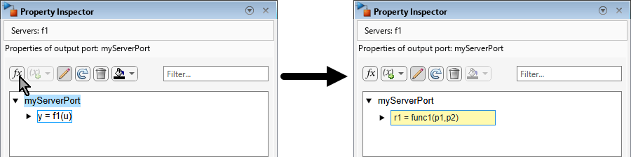 Two images of the Property Inspector, each showing myServerPort and its child function. The first image shows the original function prototype and the second shows the revised function prototype.