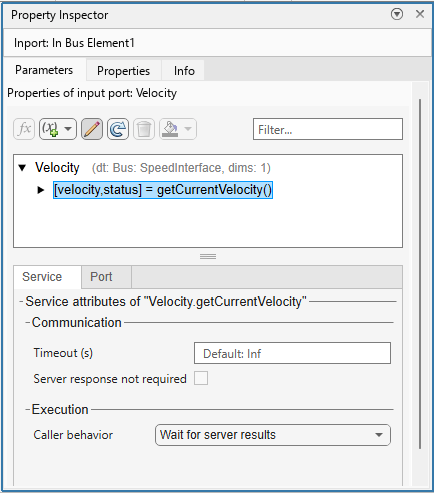 Service tab showing communication and execution attributes for Velocty.getCurrentVelocity, with Timeout set to Inf and Caller behavior set to Wait for server results
