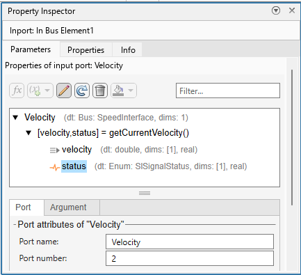 Property Inspector for client port Velocity with function element getCurrentVelocity expanded. Status argument status is highlighted.