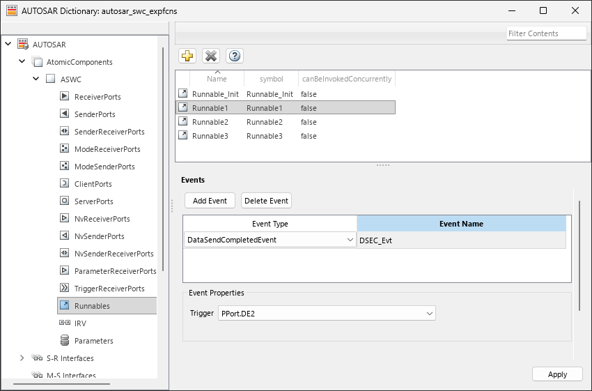 AUTOSAR Dictionary. Runnable1 is selected and the Events pane is expanded. An event of type DataSendCompletedEvent is selected exposing the Event Properties pane which has a selected trigger for the event as PPort.DE2.