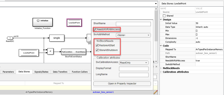 Property Inspector is open exposing the NvBlockNeeds and NeedsNVRAmAccess parameters.