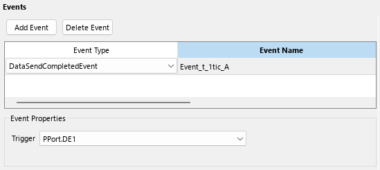 Events section of AUTOSAR Dictionary. DataSendCompletedEvent is selected with Event name Event_t_1tic_A and Trigger property set to PPort.DE1.