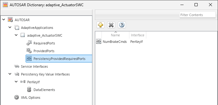 AUTOSAR Dictionary with persistency provided-required port NumBrakeCmds with interface PerKeyIf.