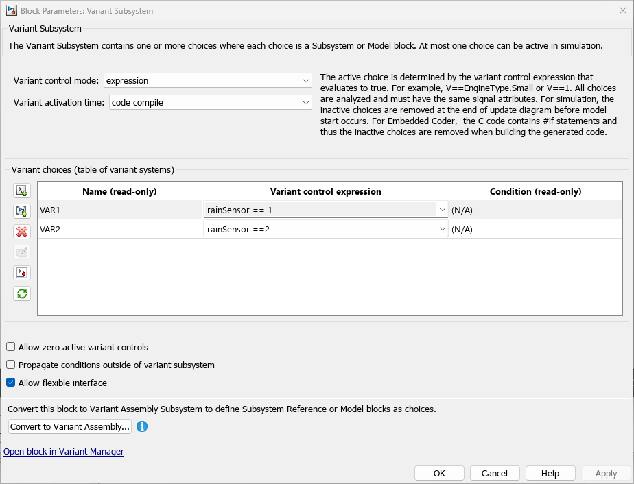 Variant Subsystem Block Parameters with rainSensor defined as a variant.