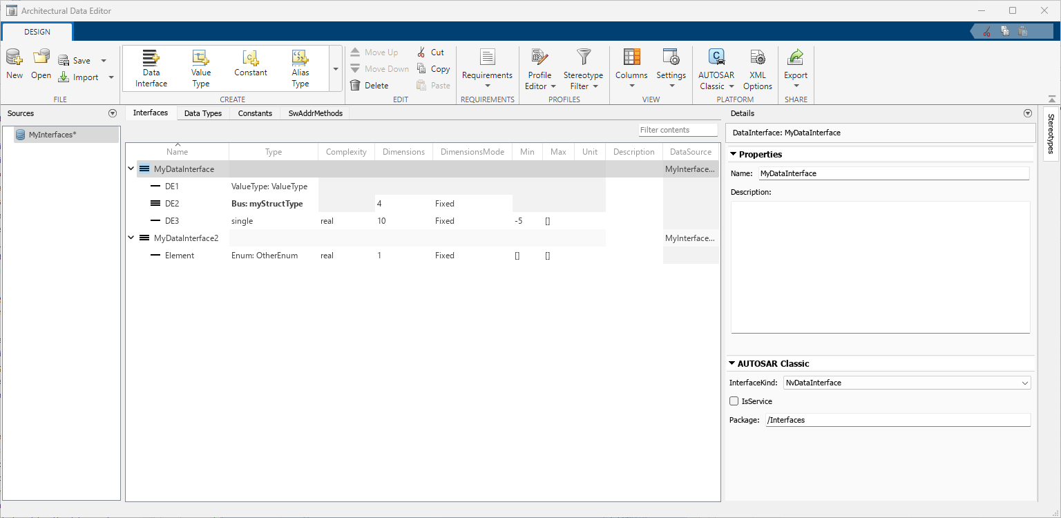 The standalone Architectural Data Editor with an interface selected. The Properties section includes the AUTOSAR property InterfaceKind.