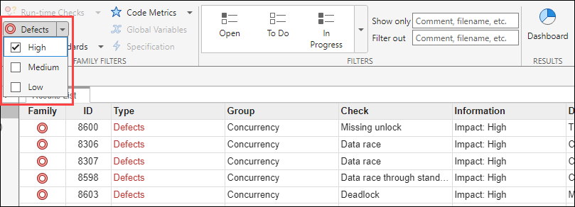 An Impact: High filter applied to a Results List