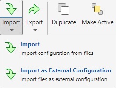 Menu options for importing a configuration as a copy or by importing as a reference to an external configuration.