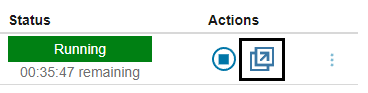 MATLAB resource with running in the status column and the open MATLAB button highlighted.