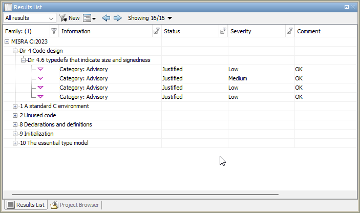 Results list for MISRA C:2023 showing imported justifications for violations of Directive 4.6