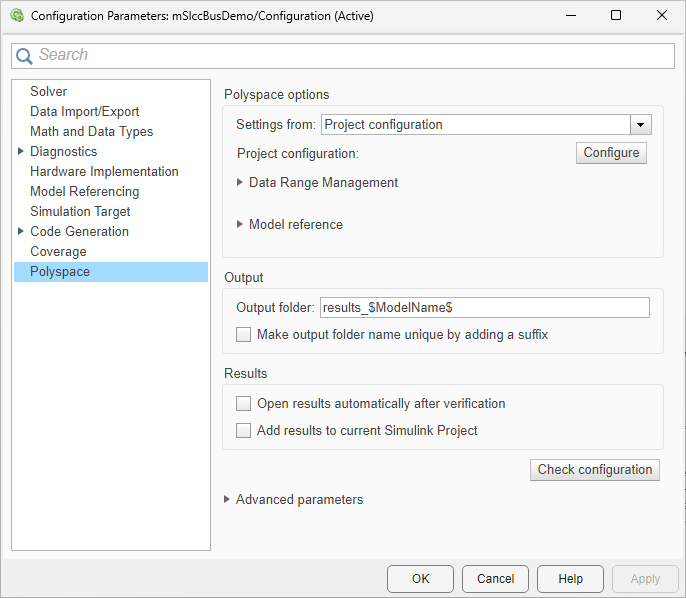 Configuration Parameters dialog box showing the Polyspace pane.