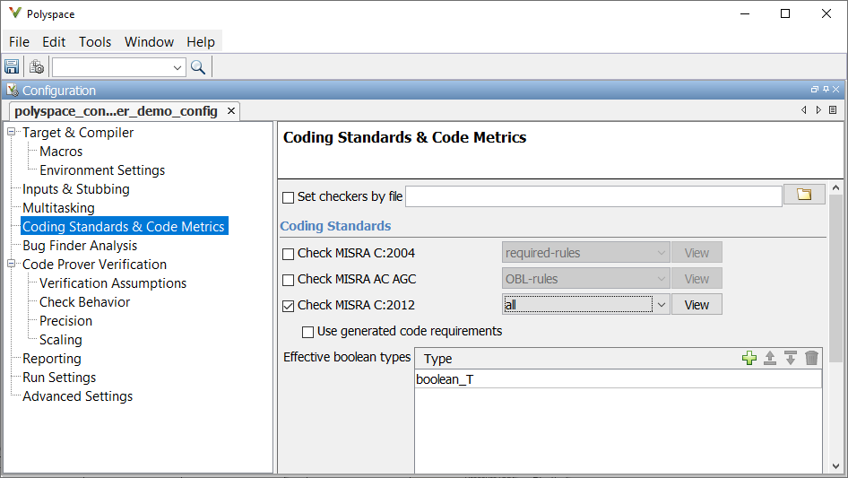 A snapshot of the Configuration pane showing the Coding Standards & Code Metrics section.