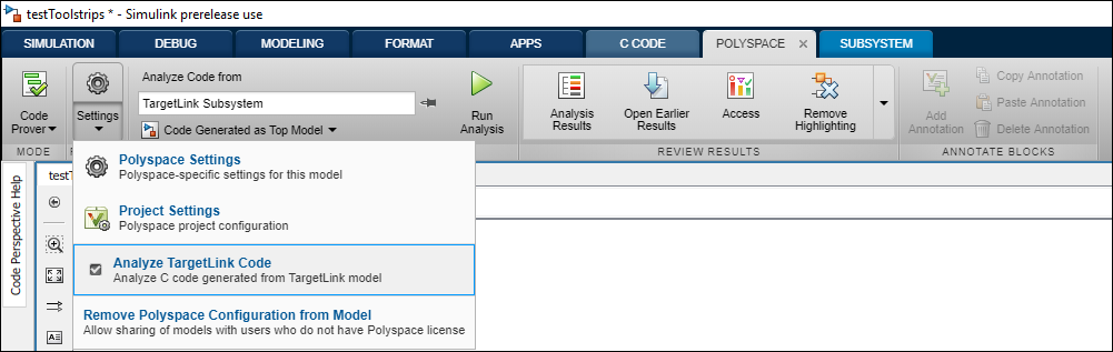 A snapshot of the Polyspace tab on the Simulink toolstrip. On the Settings menu, you can select Analyze TargetLink Code.