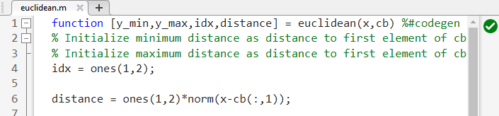 Code Analyzer window containing sample code, showing green indicator