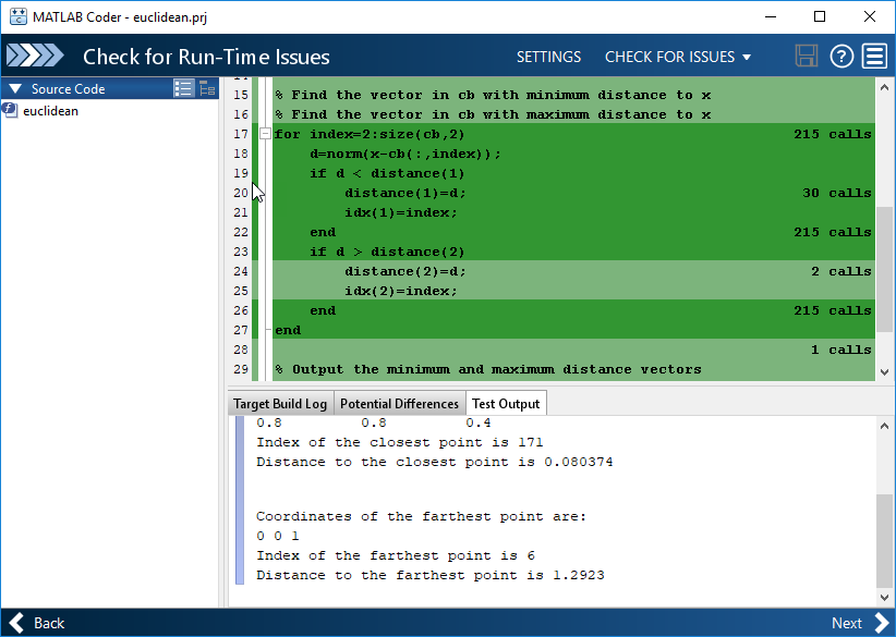 MATLAB Coder app editor, showing color-coded representation of line execution counts