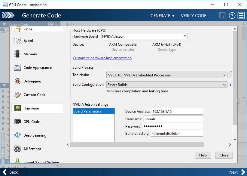 Hardware pane in the more settings window of the GPU coder app