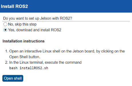 Hardware Setup tool showing the Install ROS2 page