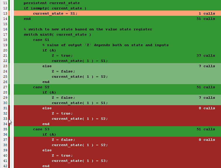 Fixed-Point Converter app displaying example code with the coverage bar colors extended over the code