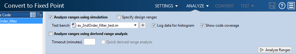 Analyze arrow drop down menu in the Fixed-Point Converter app