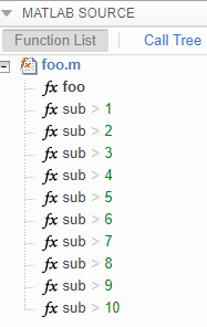 This image shows the results in the MATLAB Function report for the function foo. The report also shows the function specializations for MATLAB function sub