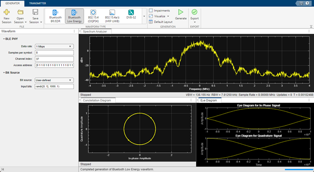 Bluetooth LE Wireless Waveform Generator app default configuration.