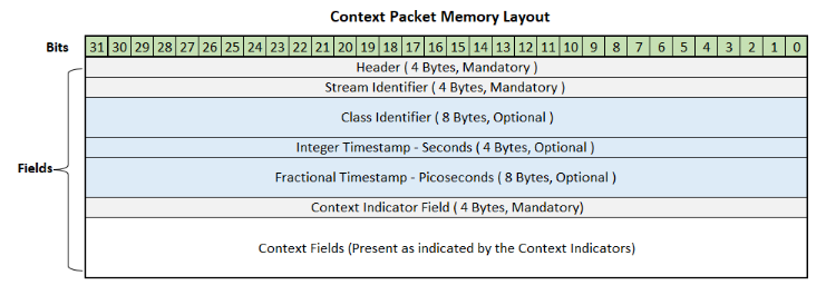 Context packet memory layout which shows the bit position and the corresponding fields.
