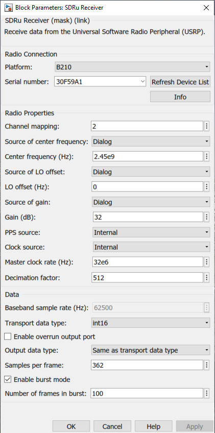 Channel mapping is set to 2 on the SDRu receiver block.