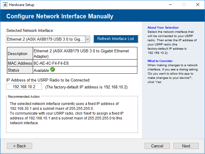 Select the network interface you want to configure, and then enter the IP address of your radio.