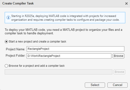 Create compiler task dialog box with the text 'To deploy your MATLAB code, you need a MATLAB project to organize code and a compiler task to handle deployment.' The option 'Start a new project and create a compiler task' is selected.